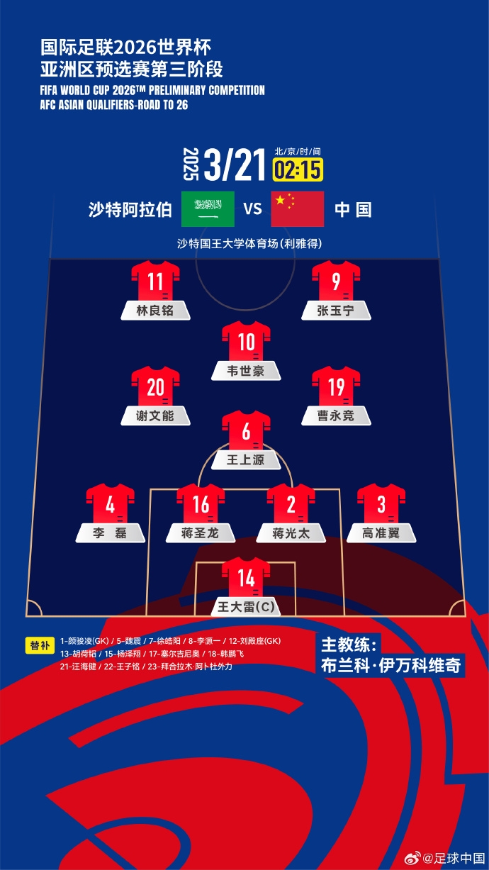國足vs沙特官方陣型圖：菱形中場442，張玉寧、林良銘雙前鋒