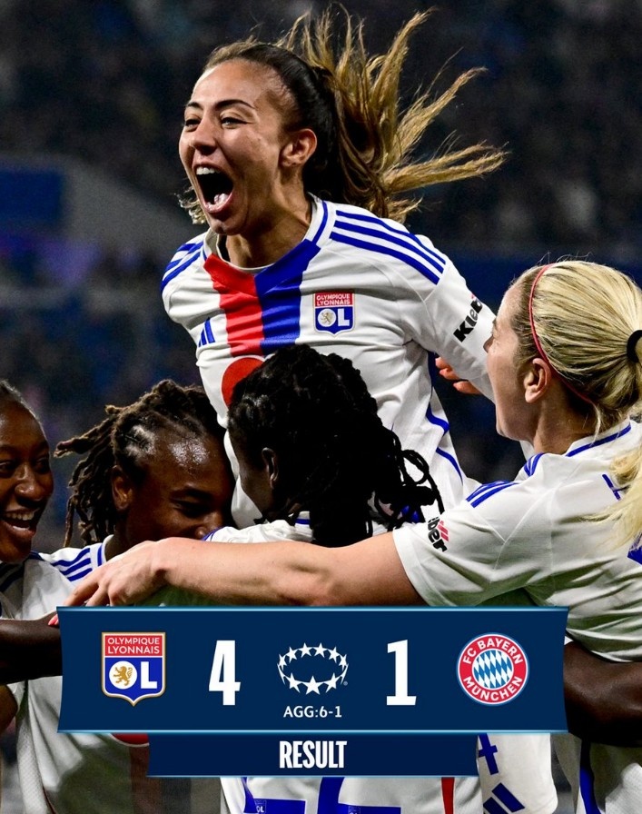 里昂女足4-1大勝拜仁女足，總比分6-1晉級女足歐冠半決賽